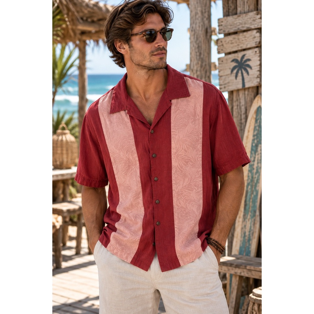 Caribbean Mens Silk Cotton Camp Shirt Red Pink Striped Floral Bowling Large
